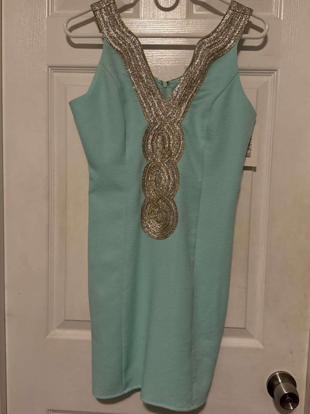 Pink Lily Mint Mini Dress with Gold Beaded V-Neck